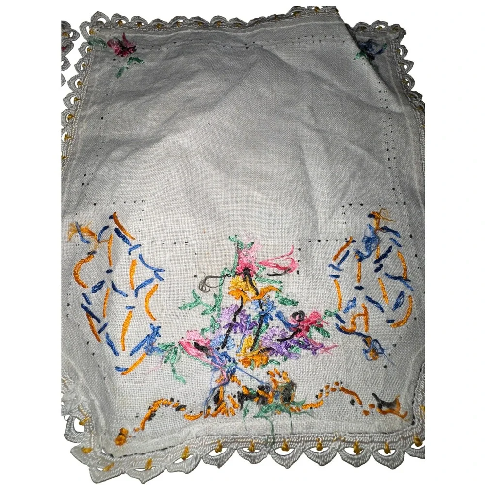 Vintage Lot 5 Hand Embroidered Table Linens Doilies Floral Needlework Lace